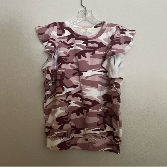 NWT ANTHROPOLOGIE t.la Pink Camo Ruffle Sleeve Sweater Tank Top Size: M - Picture 3 of 11
